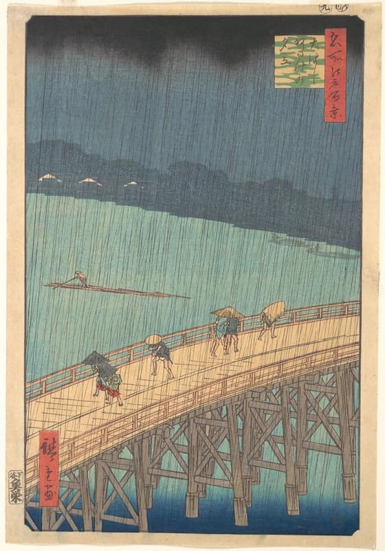 Sudden Shower over Shin-Ohashi Bridge and Atake, Woodblock                       Utagawa Hiroshige, 1857  Sudden Shower over Shin-Ohashi Bridge and Atake, Woodblock                       Utagawa Hiroshige, 1857