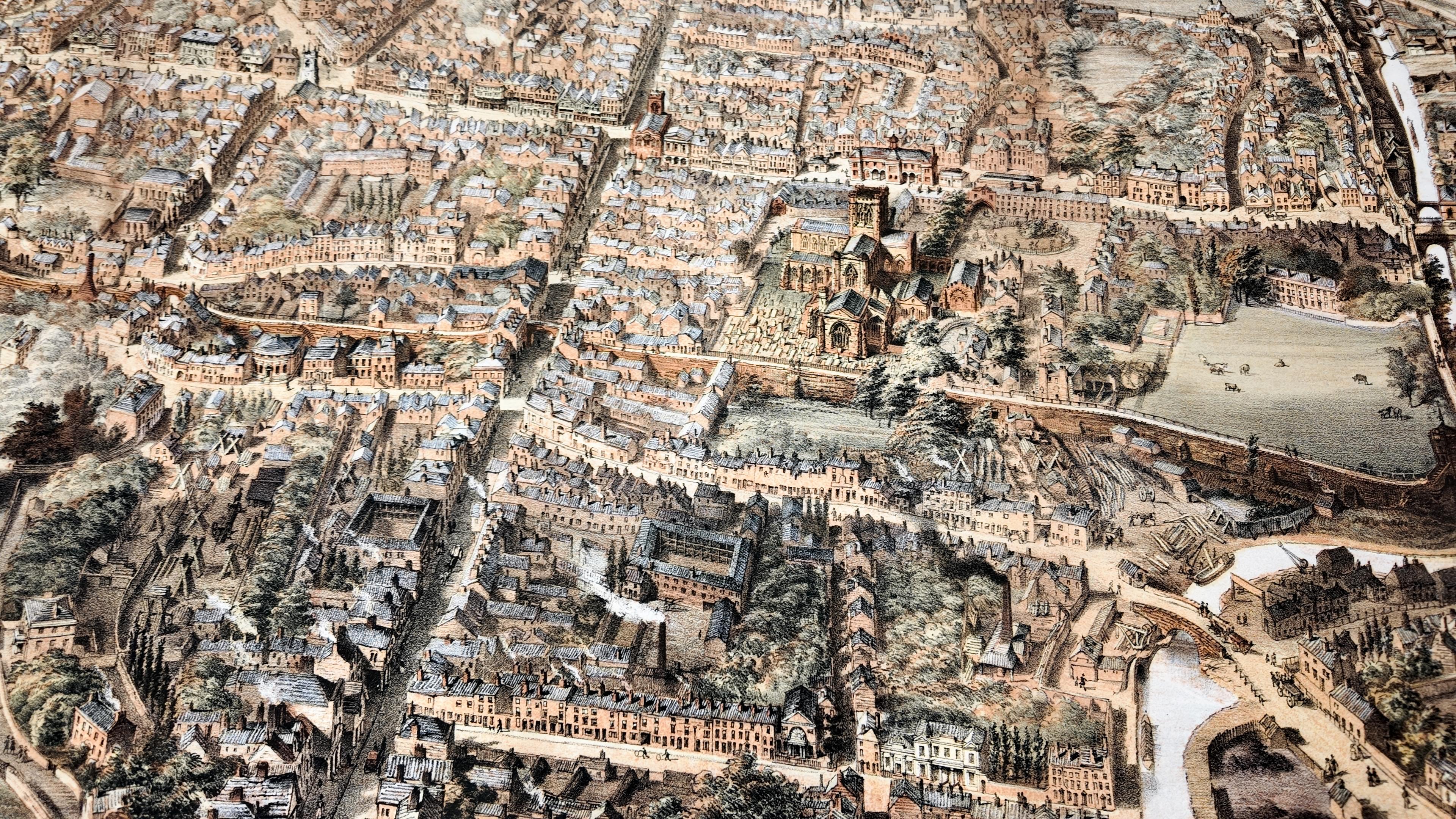 Part of an aerial view of Chester by John McHaey the Grosvenor Bridge and Roodee