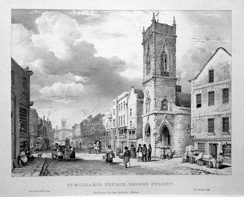 Bridge Street. Lithograph. From Nature by G. Pickering. Published by John Seacome, Bookseller, Chester circa 1840  Bridge Street. Lithograph. From Nature by G. Pickering. Published by John Seacome, Bookseller, Chester circa 1840