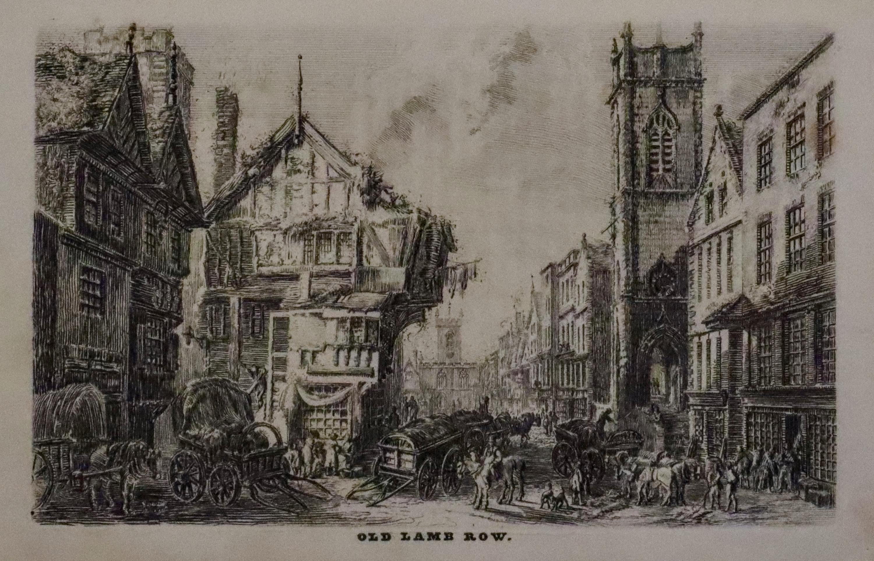 Old Lamb Rowm Bridge Street, Chester. Etching c.1830  Old Lamb Rowm Bridge Street, Chester. Etching c.1830