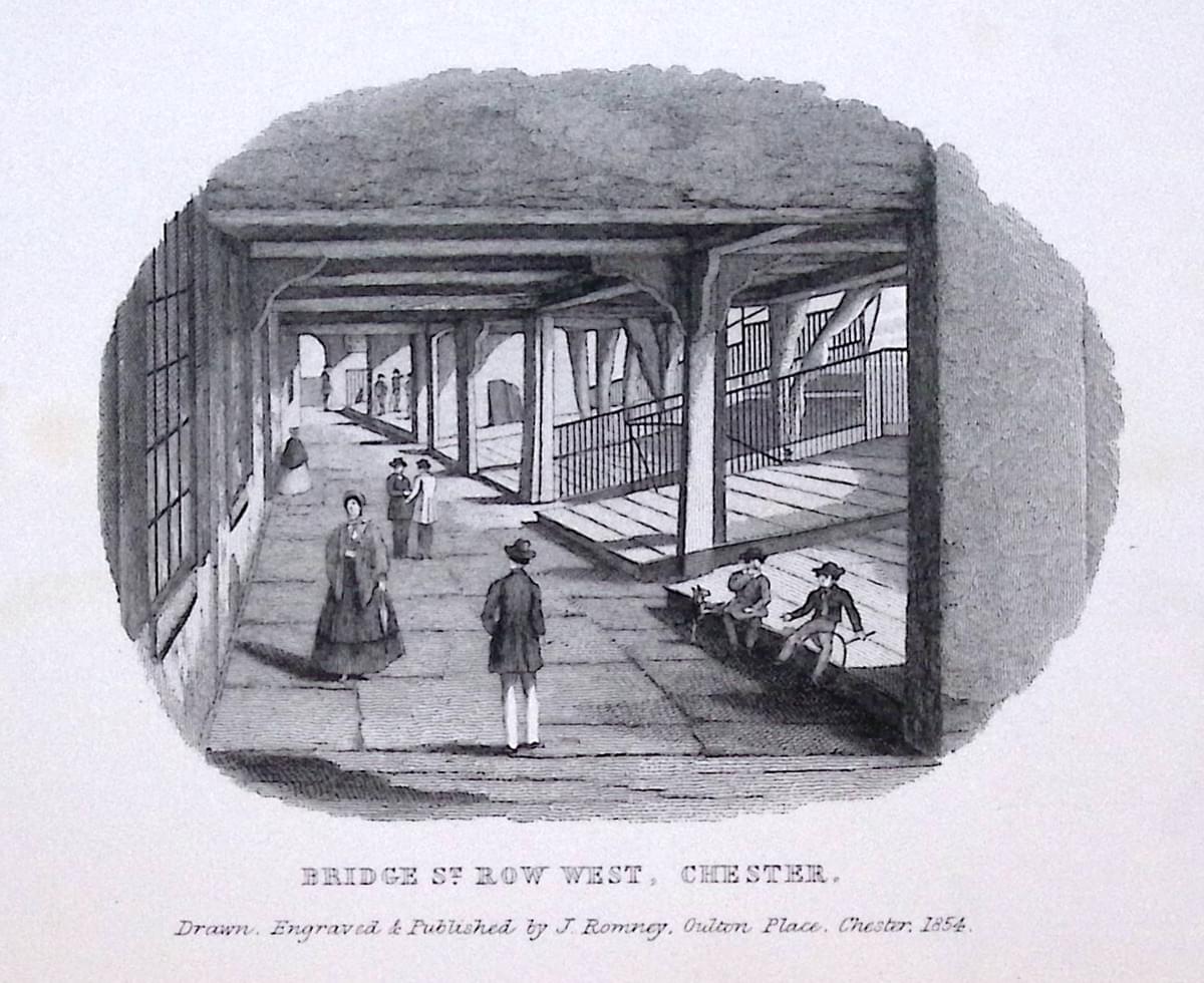 Bridge Street Row West, Chester by J. Romney 1854  Bridge Street Row West, Chester by J. Romney 1854