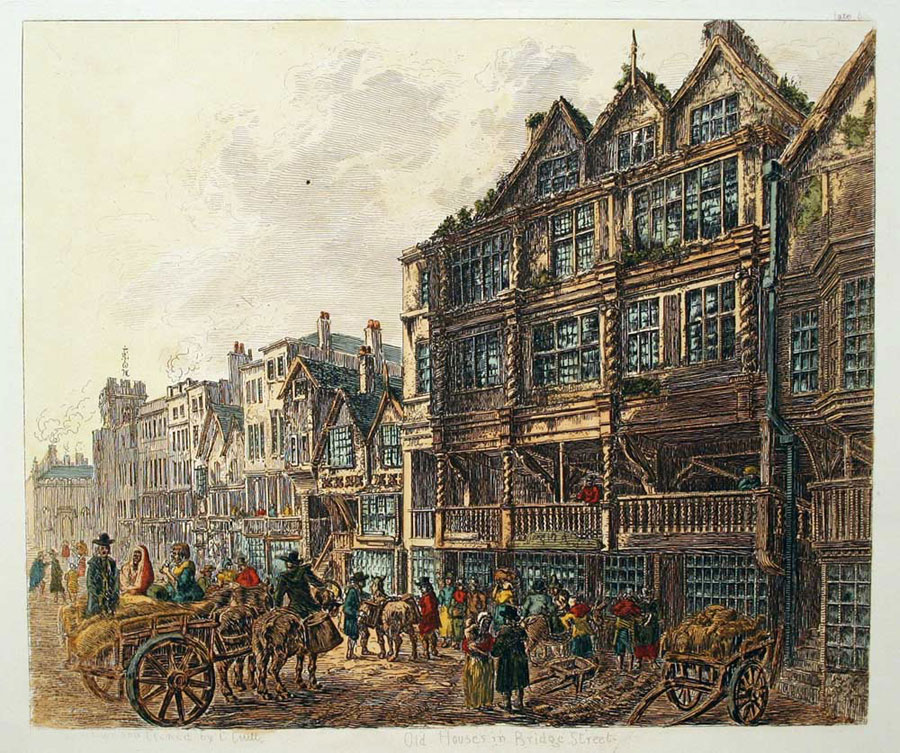 Old Houses In Bridge Street Etching by George Cuitt  Old Houses In Bridge Street Etching by George Cuitt