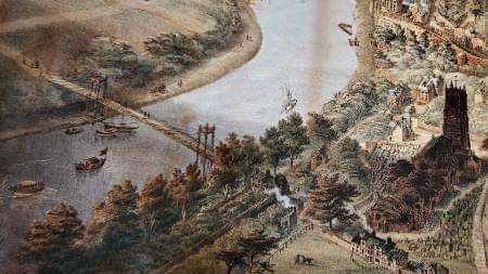 Part of an aerial view of Chester by John McGahey showing the Suspension Bridge, 1855