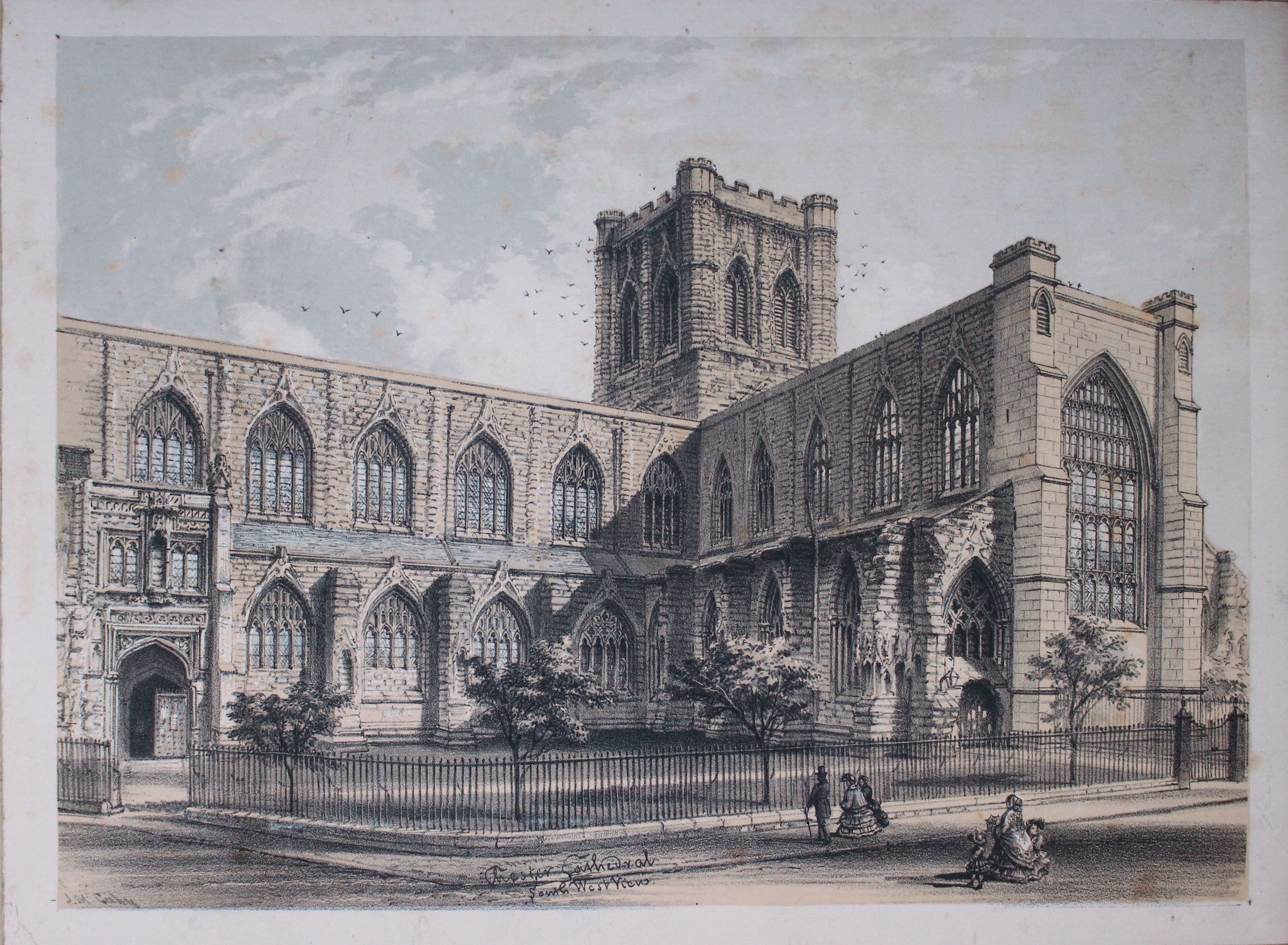  Chester Cathedral - South West View. Tinted lithograph by Gresty 