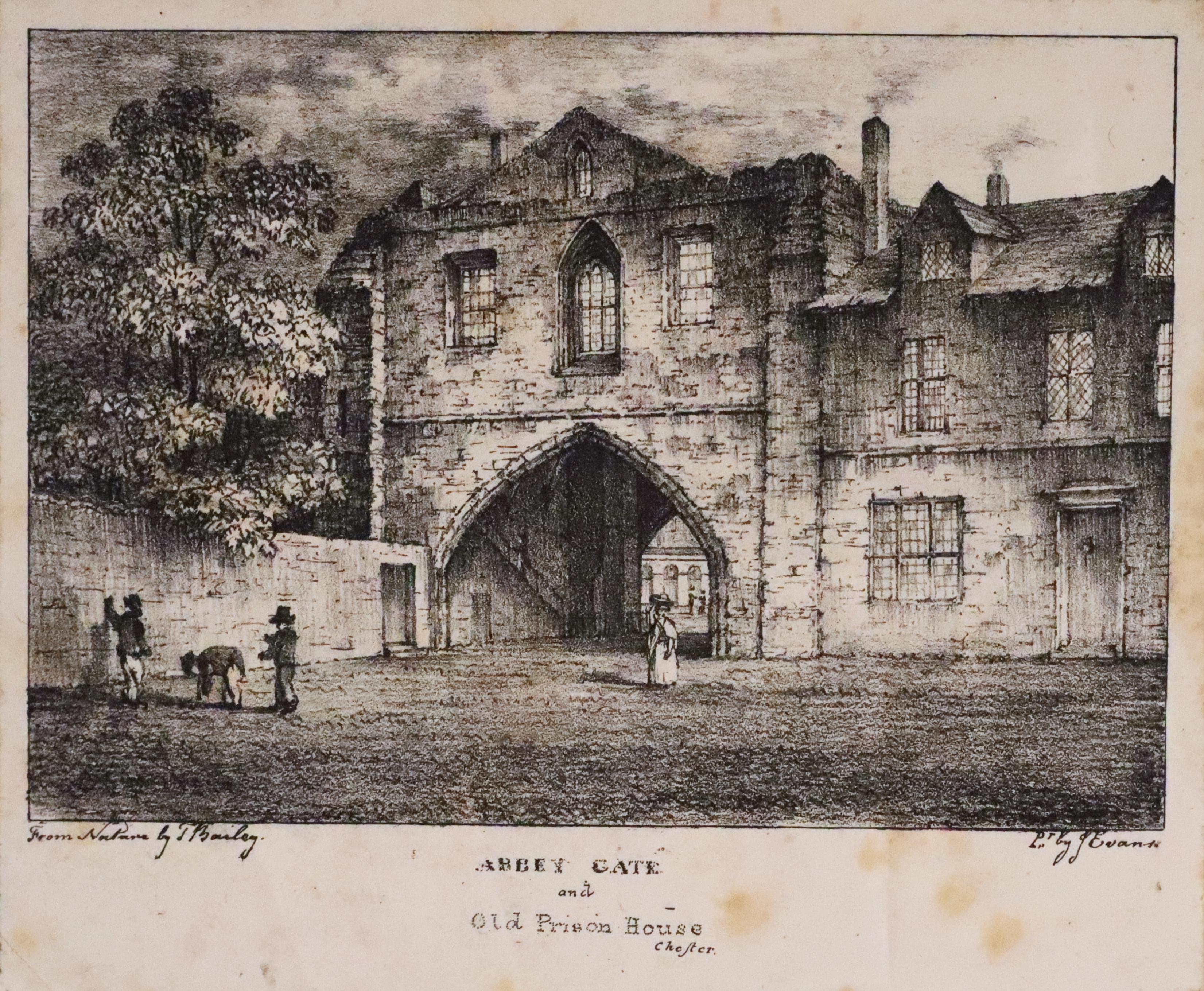 Abbey Gate and Old Prison House. Lithograph by T. Bailey c.1840  Abbey Gate and Old Prison House. Lithograph by T. Bailey c.1840