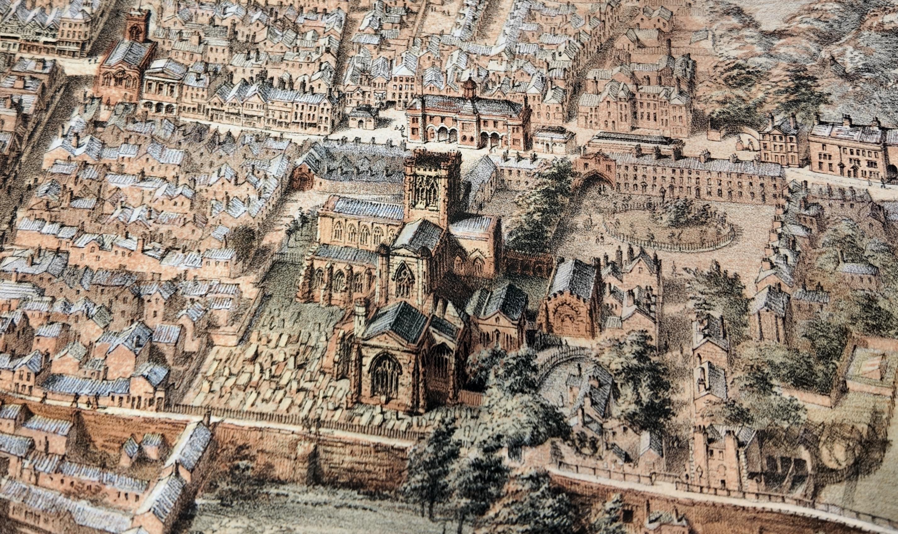  Part of an aerial view of Chester by John McGahey showing Chester Cathedral, 1855 