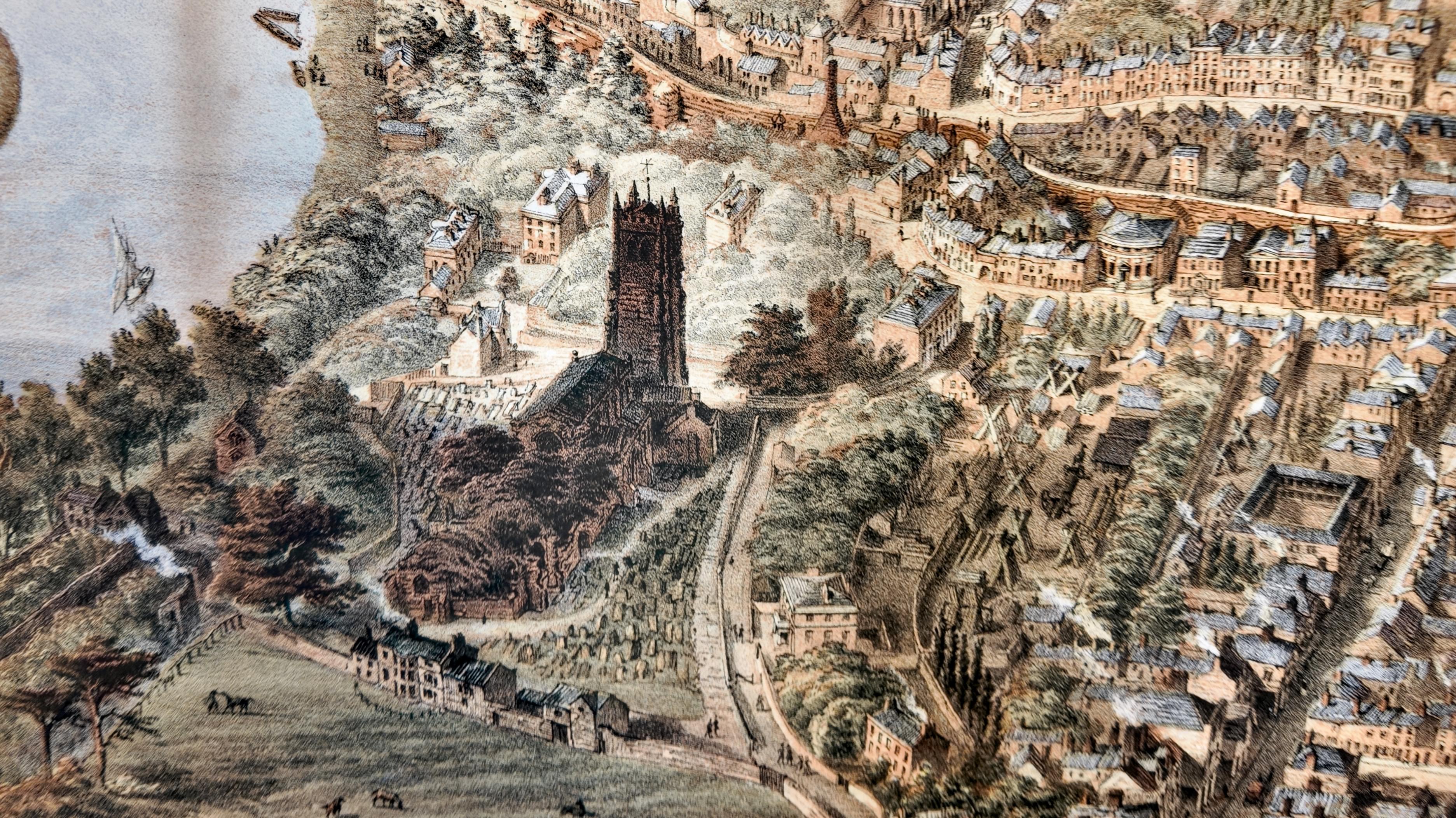 Part of an aerial view of Chester by John McGahey showing the St. John's Church, 1855