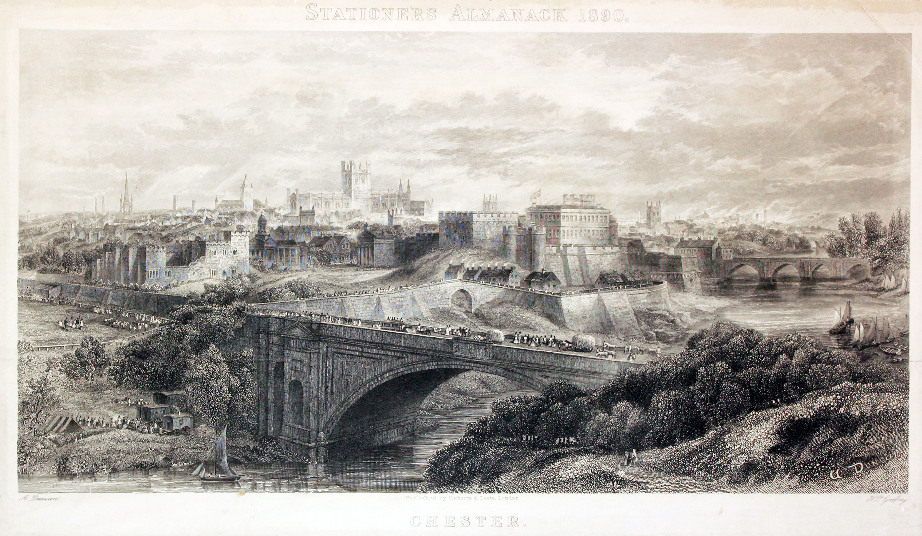Chester. Steel engraving from a picture by A.Duncan.Engraved by H.P.Godfrey. Published by Roberts and Leete,London for the Stationers Almanack 1890