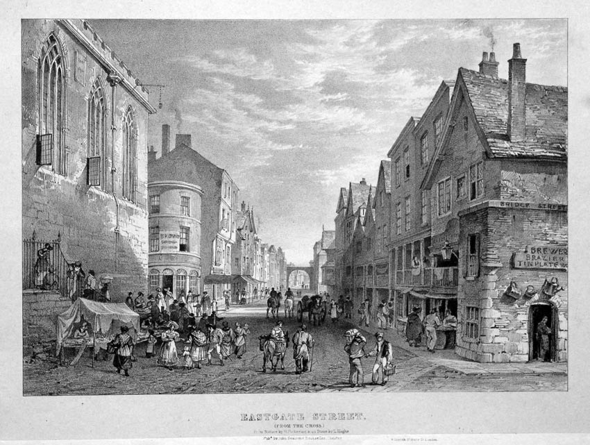  Eastgate Street. (From the Cross). Lithograph by G. Pickering published by John Seacombe, Bookseller, Chester circa 1840 
