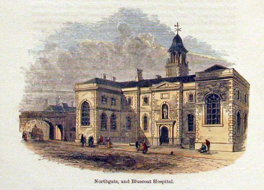 Bluecoat School, Northgate Street, Chester. 19th century woodcut.  Bluecoat School, Northgate Street, Chester. 19th century woodcut.