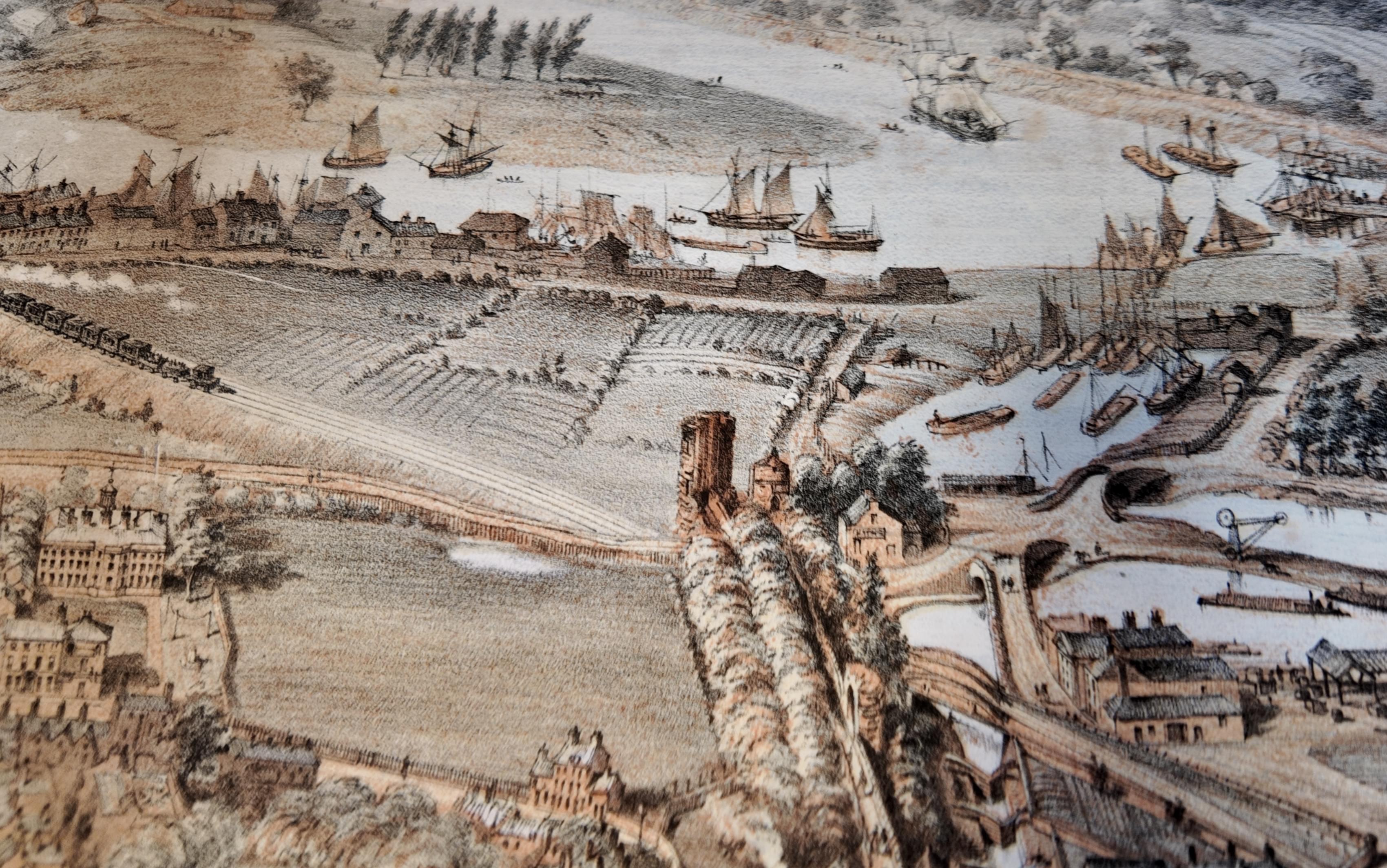 Part of an aerial view of Chester by John McGahey showing the Water Tower, 1855