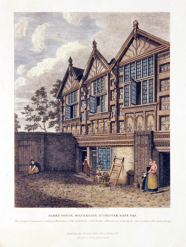 Derby House, Watergate Street, Chester. Date 1591. Published by J. Romney, Oulton Place, Chester, 1847