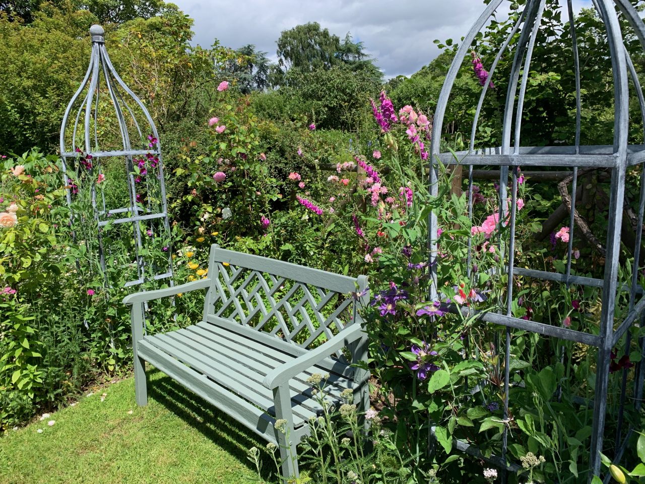 Garden seat and obelisks