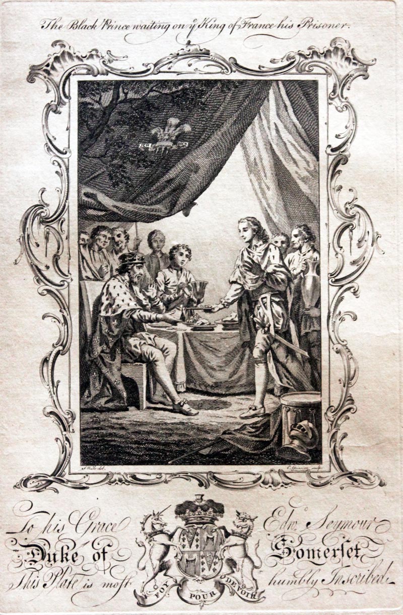 18th century copper engravings of the Black Prince waiting on the King John of France, his prisioner