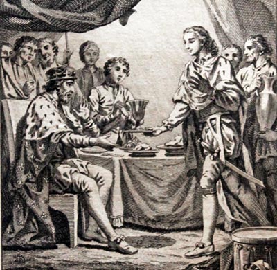  18th century copper engravings of the Black Prince waiting on the King John of France, his prisioner 