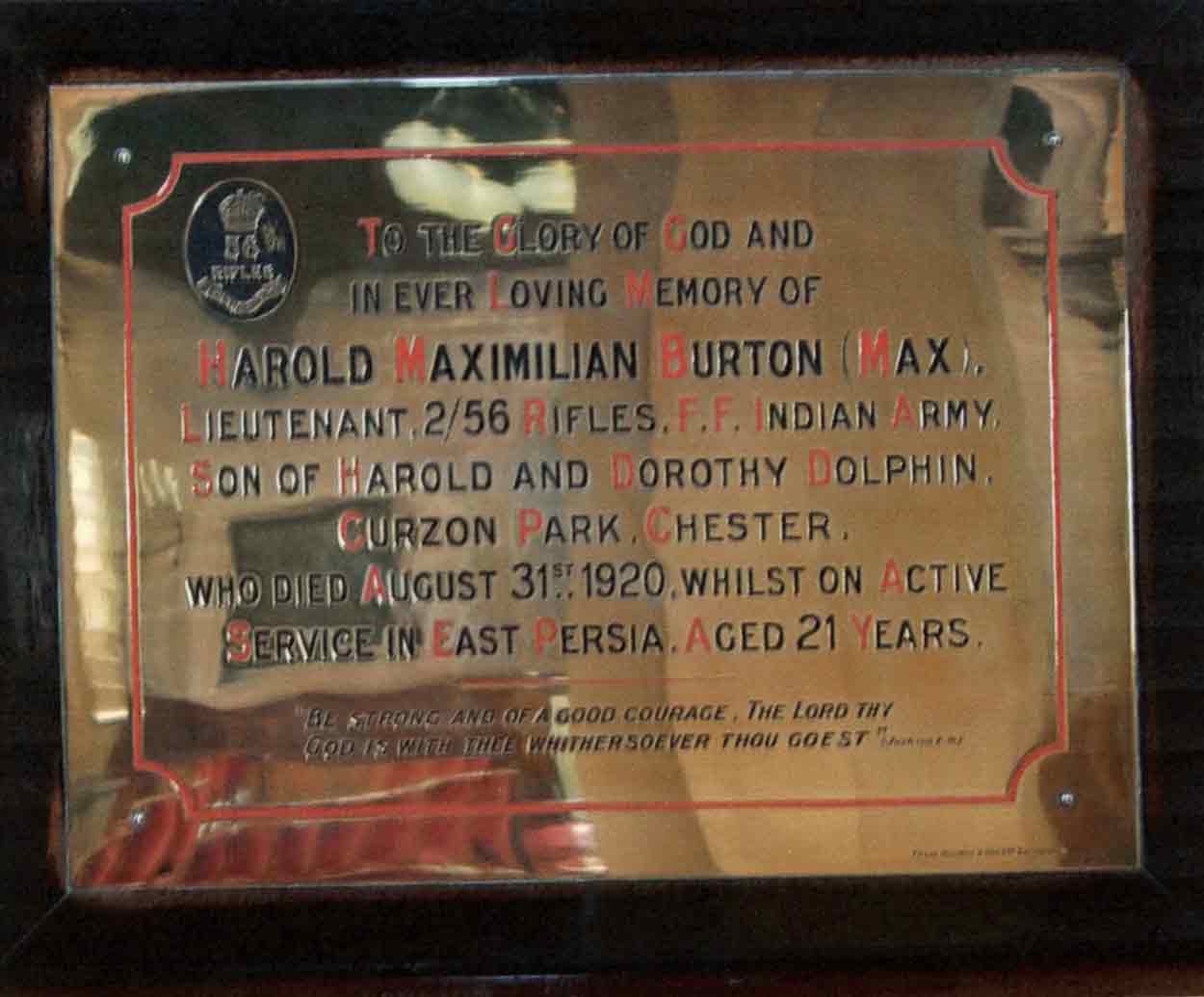 Memorial to Max Dolphin at St Mary’s Handbridge Chester.