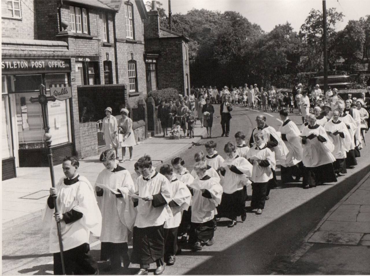 Church Choir walking through Christleton in the 1950's
