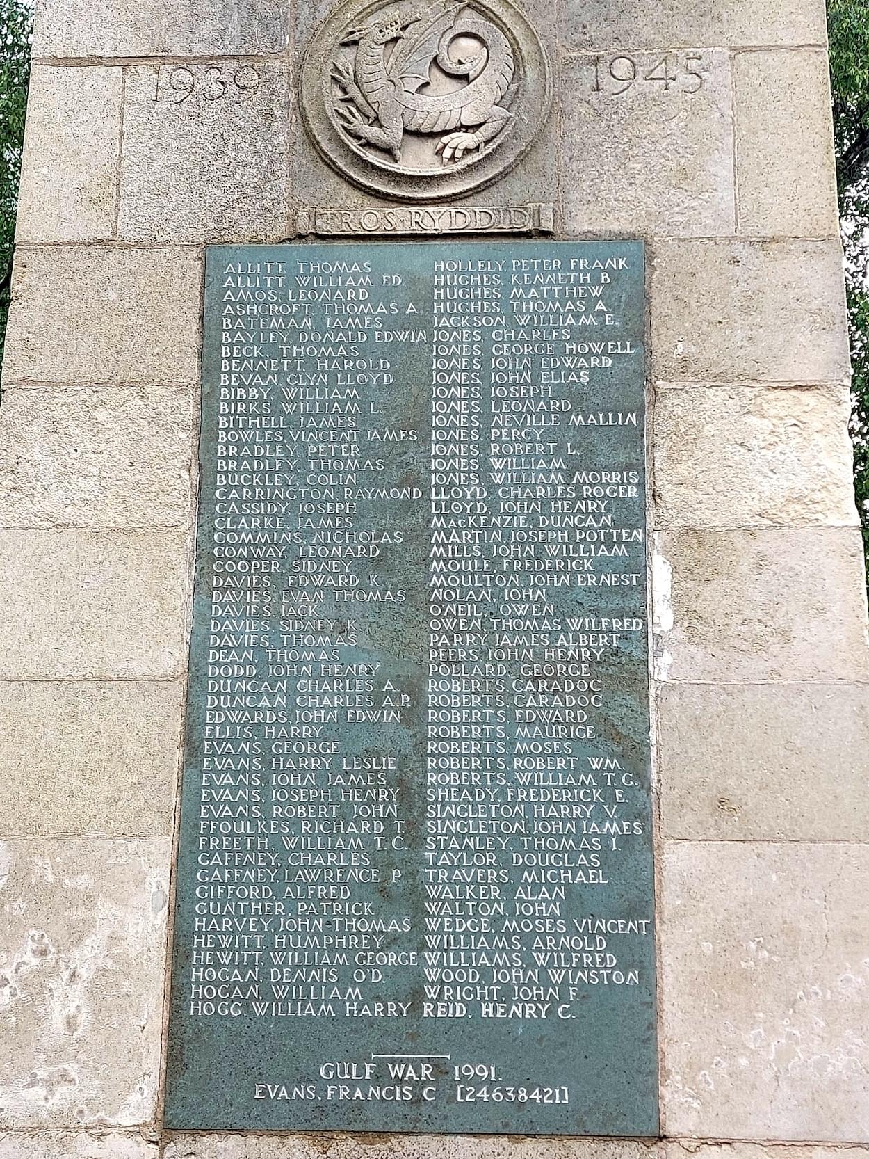 Names panel on Flint War Memorial, North Wales