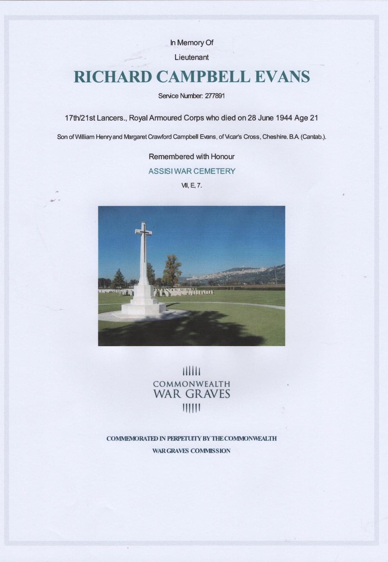 Richard Campbell Evans Certificate