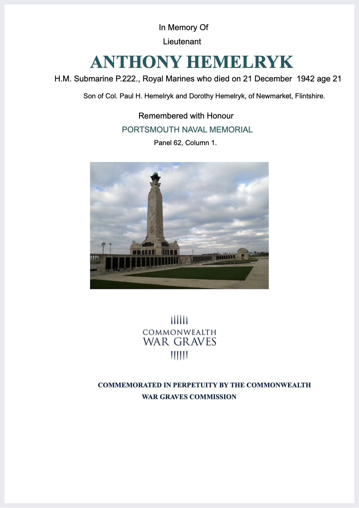 Lieutenant Anthony Hemelryk - CWGC Certificate