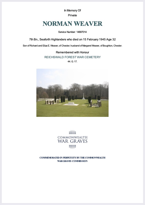 CWGC Certificate - Norman Weaver