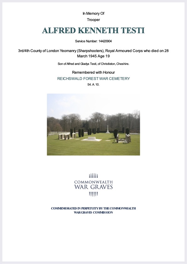 CWGC Certificate - Alfred Kennth Testi