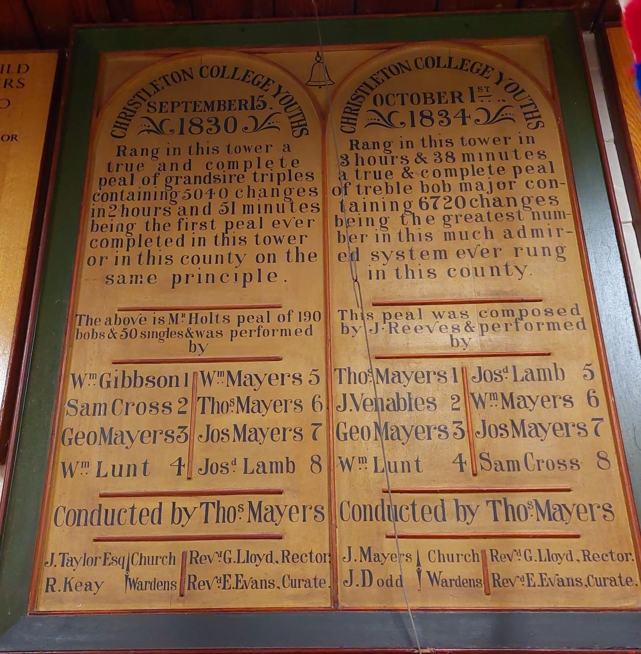 Christleton Bellringers Board 1830 and 1834